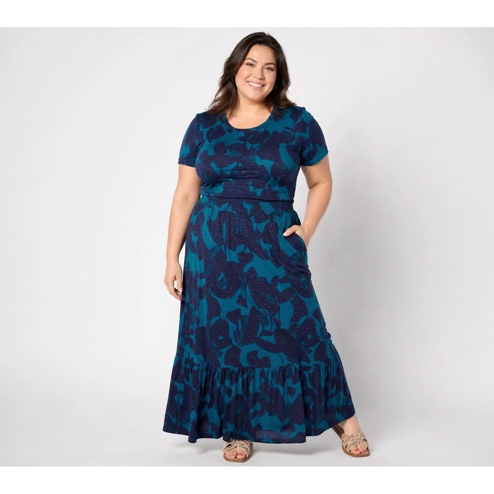 D & Co Denim & Co. Printed Slub Jersey Top 3X & Maxi Skirt 2XP Set Casual Resort